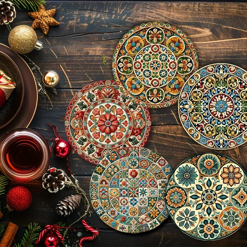 8pcs Moroccan Mandala Wooden Coaster Set, Decorative Drink Coasters for Coffee Tea and Beverages, Perfect for Home Dining and Decor Gifts