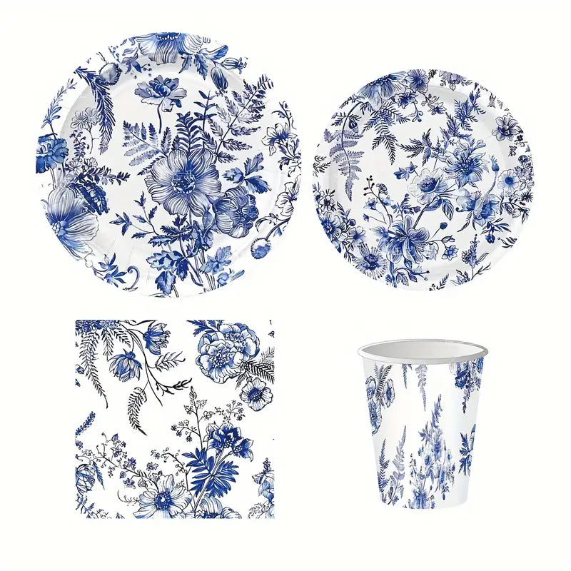 Elegant Blue and White Floral Paper Tableware Set, Includes Dinner & Dessert Plates, Cups, Napkins for Wedding, Bridal Shower, Birthday, Shower, Christmas, Halloween, Thanksgiving, Summer Events