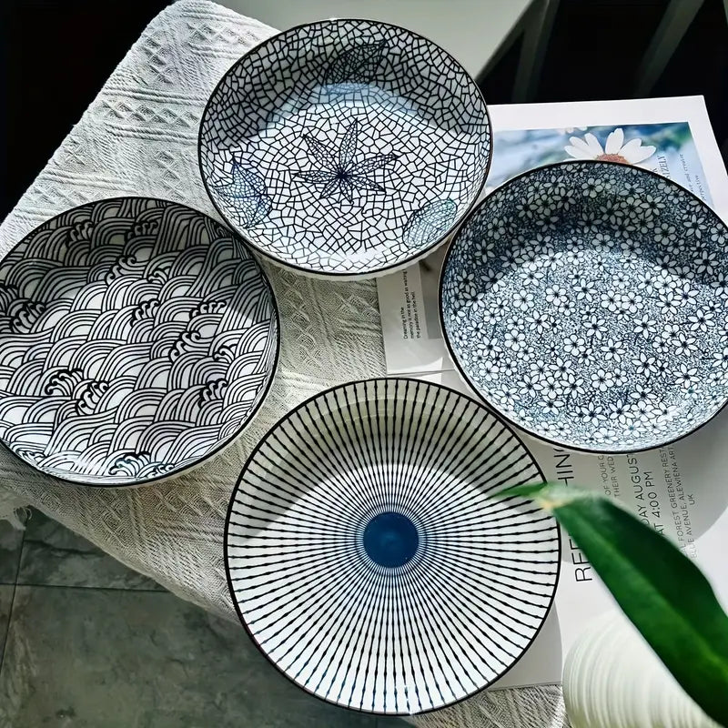 Blue Poetry Ceramic Dinner Plates Set of 4 - Round Salad Dessert Plates, Holiday Theme, All-Season Versatility for Home, Dorm, Kitchen & Dining Room