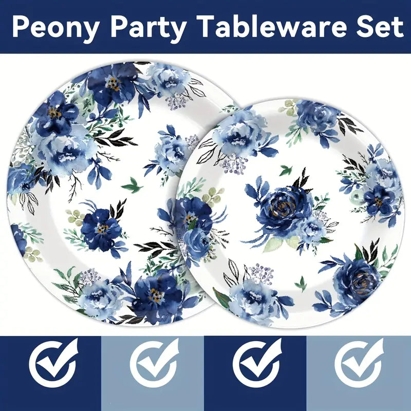 Turkey Australia Blue Peony Party Plateware Set – Elegant Floral Disposable Tableware for Weddings, Showers & Special Events