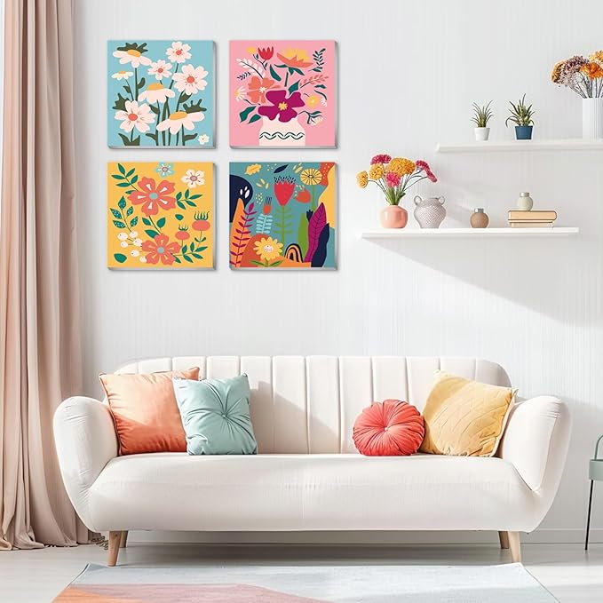 Eimivrc 4-Pack Framed Paint by Numbers Kit – 8x8" Flower Designs for Adults & Beginners, DIY Wall Art Decor