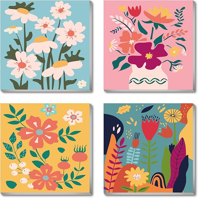 Eimivrc 4-Pack Framed Paint by Numbers Kit – 8x8" Flower Designs for Adults & Beginners, DIY Wall Art Decor