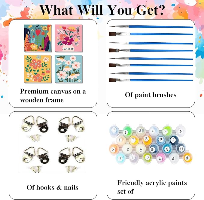 Eimivrc 4-Pack Framed Paint by Numbers Kit – 8x8" Flower Designs for Adults & Beginners, DIY Wall Art Decor