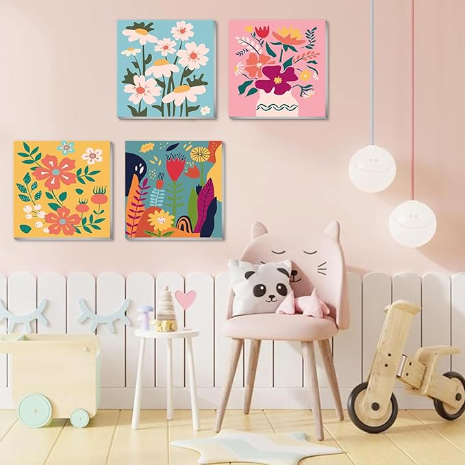 Eimivrc 4-Pack Framed Paint by Numbers Kit – 8x8" Flower Designs for Adults & Beginners, DIY Wall Art Decor