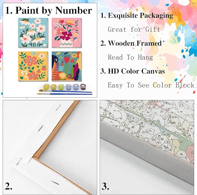 Eimivrc 4-Pack Framed Paint by Numbers Kit – 8x8" Flower Designs for Adults & Beginners, DIY Wall Art Decor
