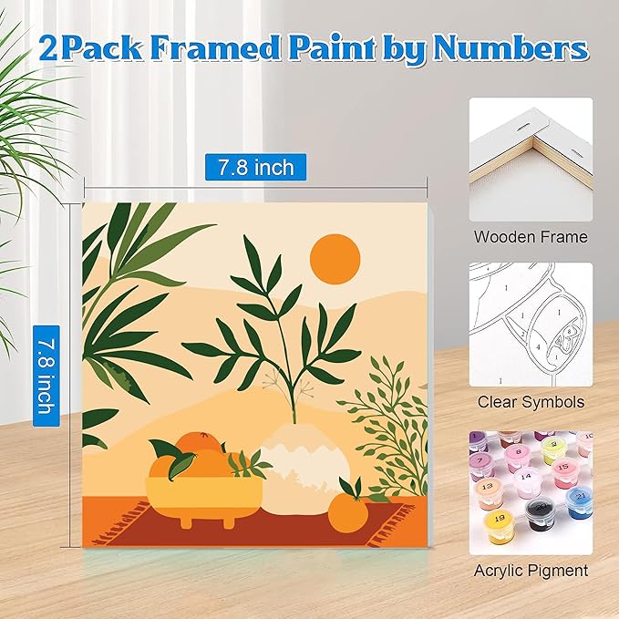 2 Pack Framed Paint by Number for Kids Ages 8-12,Boho Acrylic Paint by Number Kits on Canvas,Perfect for Adults Beginners and Home Wall Decor (8x8inch)