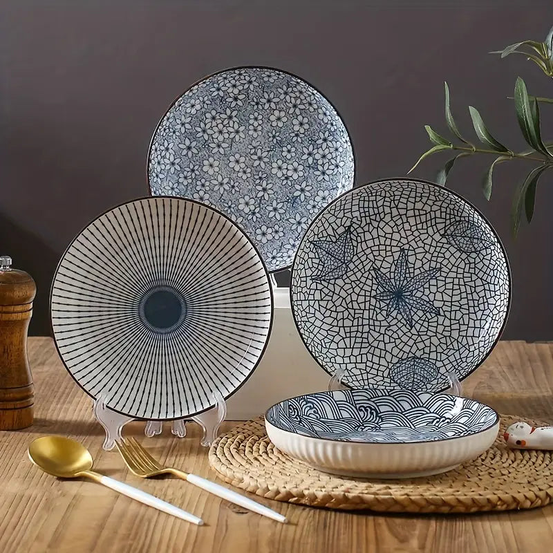 Blue Poetry Ceramic Dinner Plates Set of 4 - Round Salad Dessert Plates, Holiday Theme, All-Season Versatility for Home, Dorm, Kitchen & Dining Room