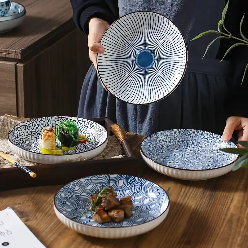 Blue Poetry Ceramic Dinner Plates Set of 4 - Round Salad Dessert Plates, Holiday Theme, All-Season Versatility for Home, Dorm, Kitchen & Dining Room