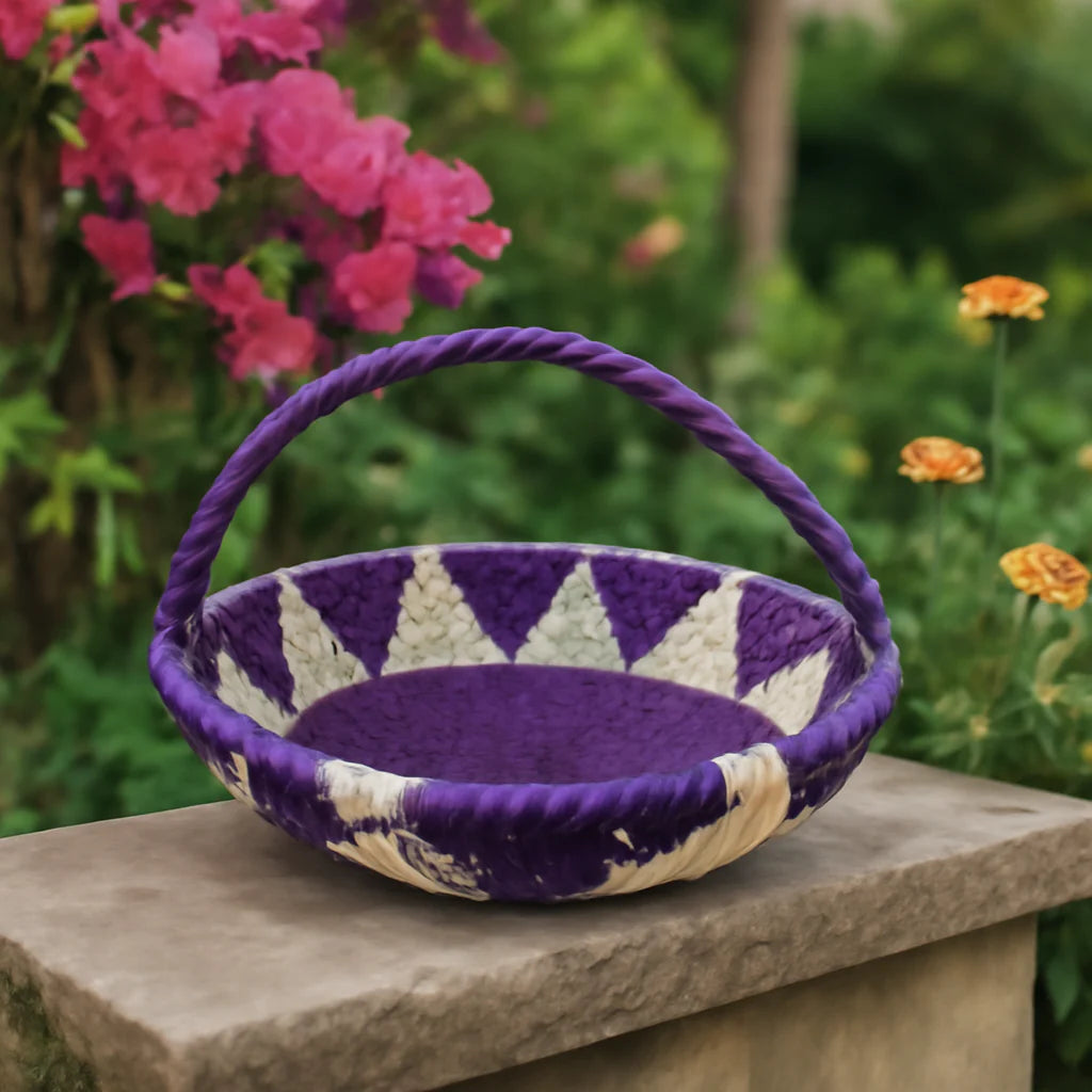 Handcrafted Purple Palm Leaf Basket with Handle