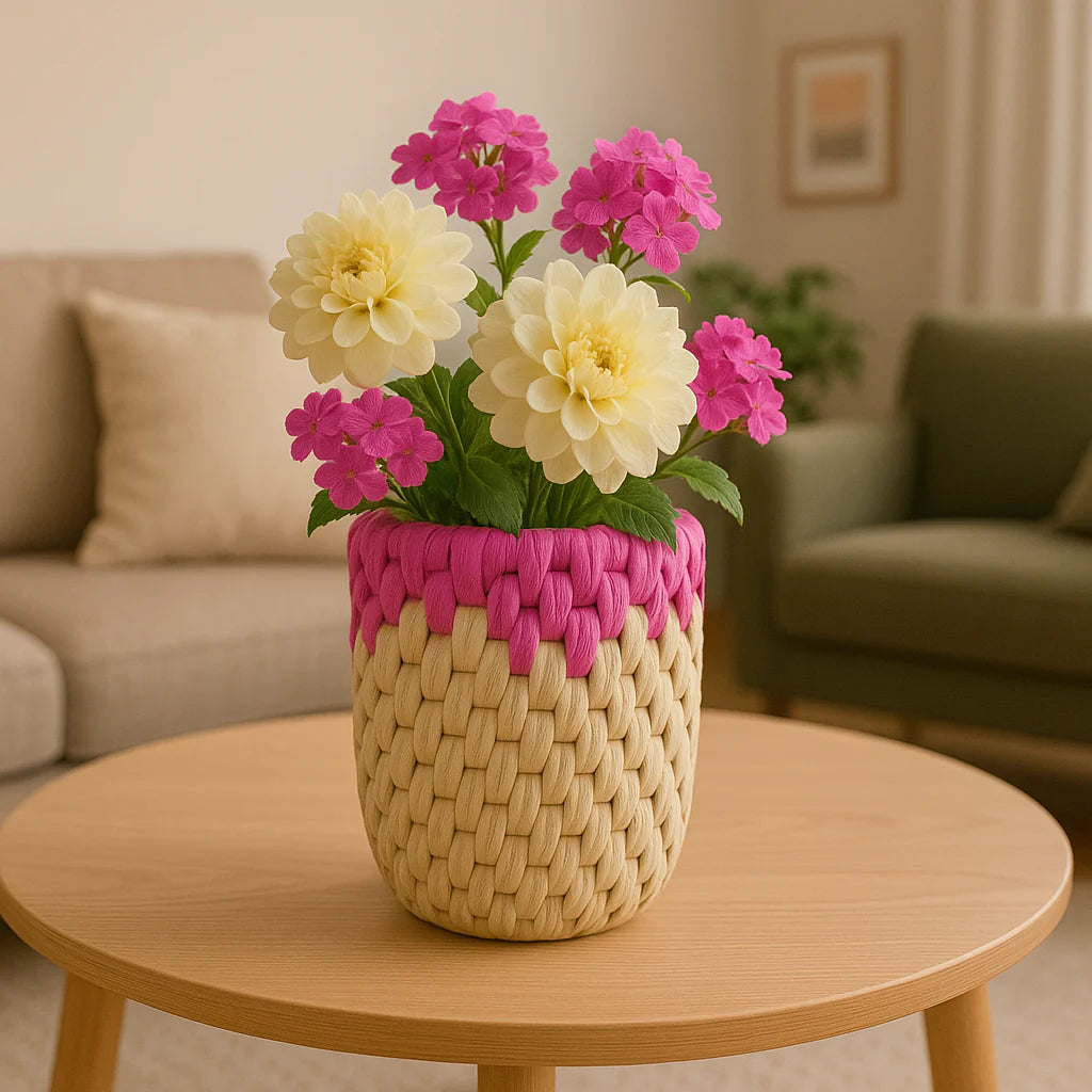 Handwoven Palm Leaf Vase – Natural Beige with Pink Accent