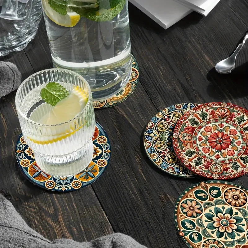 8pcs Moroccan Mandala Wooden Coaster Set, Decorative Drink Coasters for Coffee Tea and Beverages, Perfect for Home Dining and Decor Gifts