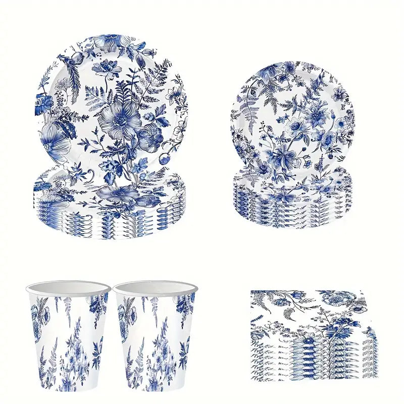 Elegant Blue and White Floral Paper Tableware Set, Includes Dinner & Dessert Plates, Cups, Napkins for Wedding, Bridal Shower, Birthday, Shower, Christmas, Halloween, Thanksgiving, Summer Events