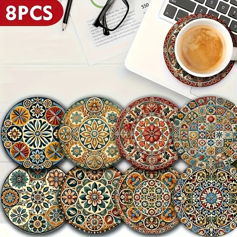 8pcs Moroccan Mandala Wooden Coaster Set, Decorative Drink Coasters for Coffee Tea and Beverages, Perfect for Home Dining and Decor Gifts