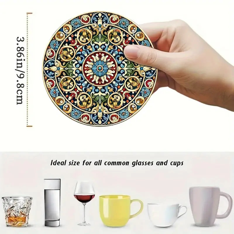 8pcs Moroccan Mandala Wooden Coaster Set, Decorative Drink Coasters for Coffee Tea and Beverages, Perfect for Home Dining and Decor Gifts