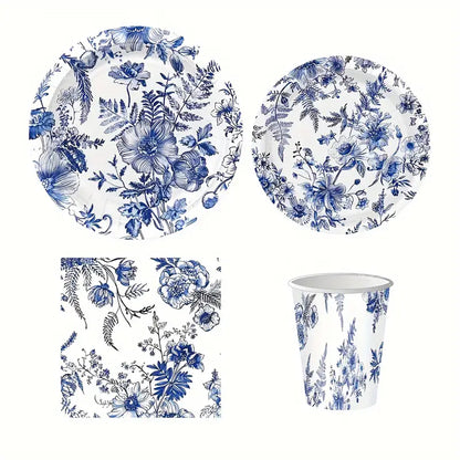 Elegant Blue and White Floral Paper Tableware Set, Includes Dinner & Dessert Plates, Cups, Napkins for Wedding, Bridal Shower, Birthday, Shower, Christmas, Halloween, Thanksgiving, Summer Events