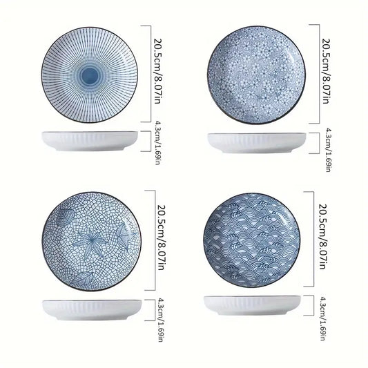 Blue Poetry Ceramic Dinner Plates Set of 4 - Round Salad Dessert Plates, Holiday Theme, All-Season Versatility for Home, Dorm, Kitchen & Dining Room