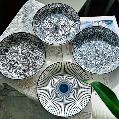 Blue Poetry Ceramic Dinner Plates Set of 4 - Round Salad Dessert Plates, Holiday Theme, All-Season Versatility for Home, Dorm, Kitchen & Dining Room