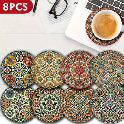 8pcs Moroccan Mandala Wooden Coaster Set, Decorative Drink Coasters for Coffee Tea and Beverages, Perfect for Home Dining and Decor Gifts