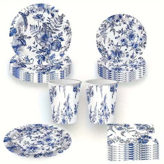 Elegant Blue and White Floral Paper Tableware Set, Includes Dinner & Dessert Plates, Cups, Napkins for Wedding, Bridal Shower, Birthday, Shower, Christmas, Halloween, Thanksgiving, Summer Events