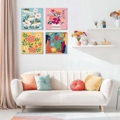 Eimivrc 4-Pack Framed Paint by Numbers Kit – 8x8" Flower Designs for Adults & Beginners, DIY Wall Art Decor
