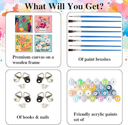 Eimivrc 4-Pack Framed Paint by Numbers Kit – 8x8" Flower Designs for Adults & Beginners, DIY Wall Art Decor