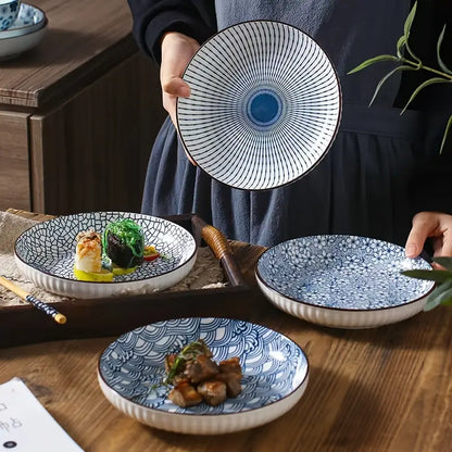 Blue Poetry Ceramic Dinner Plates Set of 4 - Round Salad Dessert Plates, Holiday Theme, All-Season Versatility for Home, Dorm, Kitchen & Dining Room