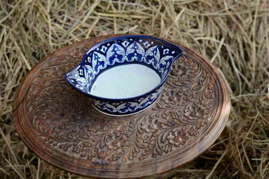 Blue Pottery Leaf Design Serving Bowl
