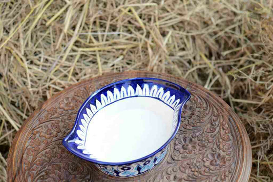 Blue Pottery Leaf Design Serving Bowl