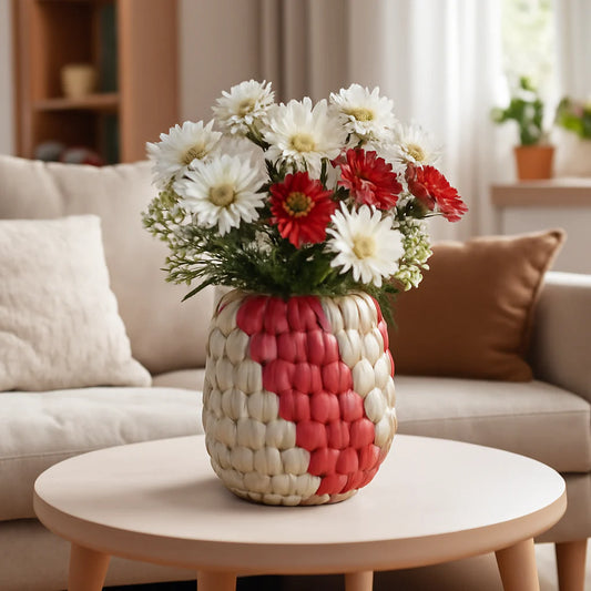 Handwoven Palm Leaf Vase with Colorful Design  Made In Pakistan (Sindh)