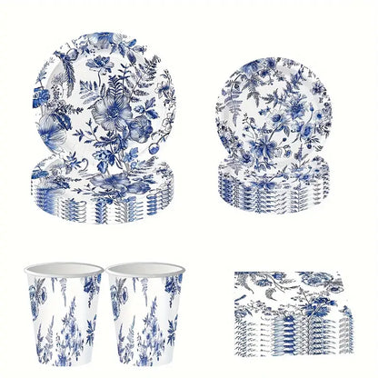 Elegant Blue and White Floral Paper Tableware Set, Includes Dinner & Dessert Plates, Cups, Napkins for Wedding, Bridal Shower, Birthday, Shower, Christmas, Halloween, Thanksgiving, Summer Events