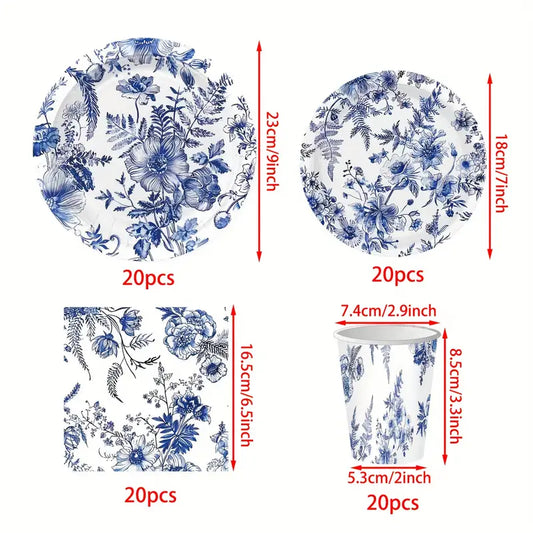 Elegant Blue and White Floral Paper Tableware Set, Includes Dinner & Dessert Plates, Cups, Napkins for Wedding, Bridal Shower, Birthday, Shower, Christmas, Halloween, Thanksgiving, Summer Events