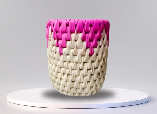 Handwoven Palm Leaf Vase – Natural Beige with Pink Accent